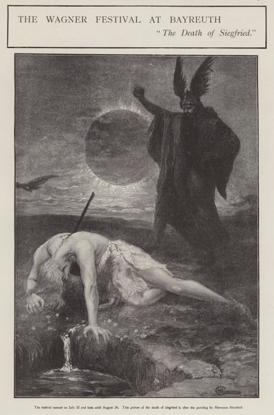 Wagnerfestivalen i Bayreuth: Siegrfrieds död (litho) av Hermann (after) Hendrich