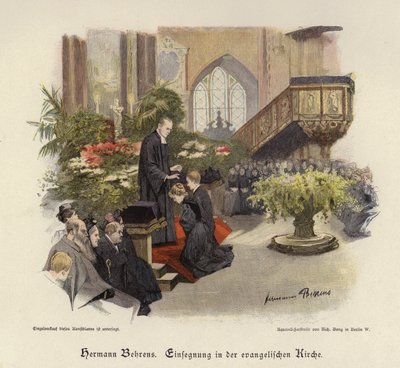 Konfirmationsgudstjänst i en evangelisk kyrka (färgad gravyr) av Hermann Behrens