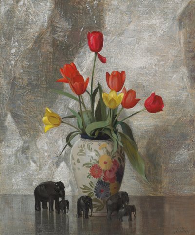 Elefanter och tulpaner (olja på duk) av Hermann Dudley Murphy