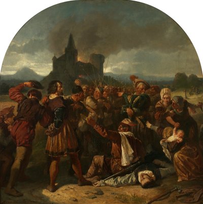 Avsnitt från det tyska bondekriget (greve Helfenstein vid foten av sitt brinnande slott, hånad av bönder) av Hermann Eichler