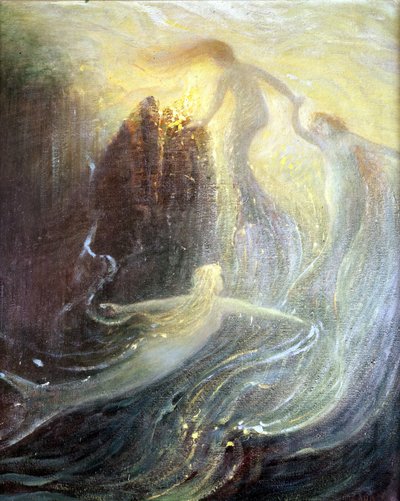 Utspelad för operan "Les filles du Rhine" av Richard Wagner, skapad 1869: målning av Herman Hendrich. Wagner Museum Bayreuth. av Hermann Hendrich