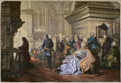 Kungen av Preussen Fredrik II den store (1712-1786) lyssnar på kompositören Jean Sebastian Bach som spelar en hov, graverar efter en målning av Kaulbach - Fredrik II den store, kung av Preussen, lyssnar på Johann Sebastian Bach vid orgeln, Sanssouci av Hermann Kaulbach