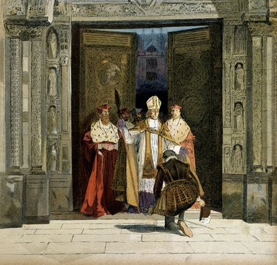 Abjuration av Henrik IV (1553-1610) i klostret Saint Denis i närvaro av bågen av Bourges, Renaud de Beaune (1527-1606). Kungen avböjde protestantismen den 25 juli 1593. Illustration av Hermann Vogel (1856-1918) i "" Henri IV"" av Hermann Vogel