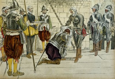 Karl II av Cosse Brissac (Cosse-Brissac) (1562-1621 eller 1626) gjorde marechal av Frankrike av Henri IV (1553-1610) innan han reste in i Paris den 22 mars 1594. Köpmännen Jean Lhuillier (?) som stod bredvid höll stadens nycklar. Illustration 1907 av Hermann Vogel