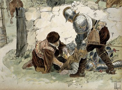 Henri IV (1553-1610) skadad under en spaning vid Aumale mot Mayennes armé. Illustration av Hermann Vogel (1856-1918) i "" Henri IV"" av Hermann Vogel