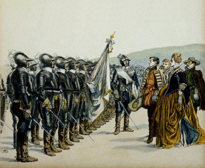 Jeanne av Albret eller Jeanne III av Albret (1528-1572) och hennes son Henrik IV (1553-1610) före sina protestantiska trupper. Illustration av Hermann Vogel (1856-1918) i "" Henri IV"" av Hermann Vogel