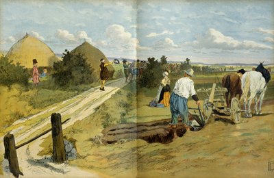 Bönder såg passagen av plundrare och plundrare som fångats av Henrik IV:s kungliga armé (1553-1610). Illustration av Hermann Vogel