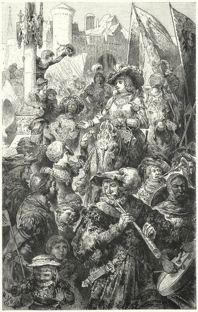 Procession av Landsknechts som ger sig av för krig, 1500-talet av Hermann Vogel