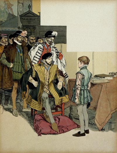 Kungen av Frankrike Henri II (1519-1559) omgiven av sina herrar gillar att ifrågasätta Henrik IV (1553-1610) som ett barn för sina repliker. Illustration av Hermann Vogel (1856-1918) i "" Henri IV"" av Hermann Vogel