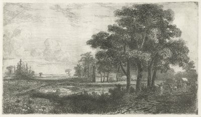 Skogbevuxen landskap med täckt vagn av Hermanus Jan Hendrik van Rijkelijkhuysen