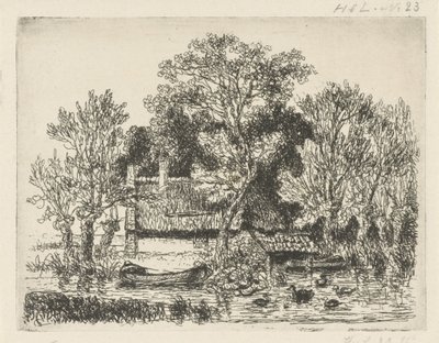 Flodutsikt med pråm och ankor av Hermanus Jan Hendrik van Rijkelijkhuysen