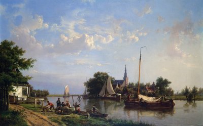 Pråmar på en kanal på sommaren (olja på duk) av Hermanus Koekkoek
