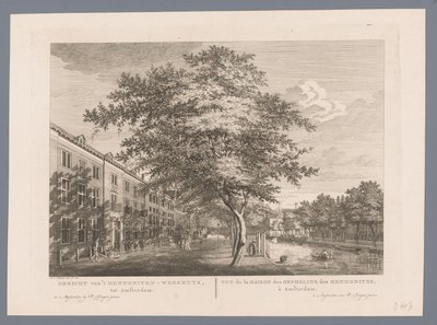 Utsikt över Mennonite Barnhem i Amsterdam Utsikt över Mennonite Orphanage, till Amsterdam / Vue de la Maison des Orphelins des Mennonites, à Amsterdam (titel på objekt) av Hermanus Petrus Schouten (possibly)