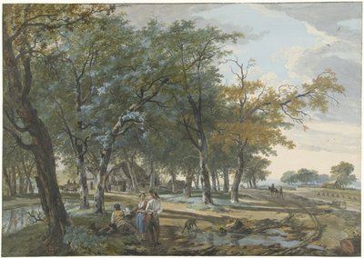 Landskap med ett hus mellan träd och en väg längs åkrar av Hermanus van Brussel