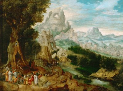 Paysage avec Saint Jean Baptiste prechant - Landskap med Johannes Döparen som predikar, av Herri met de Bles (Henri Bles) (1510-1550). Olja på trä, ca 1535-1540. Mått: 29x39 cm. Konsthistoriska museet, Vienne av Herri met de (c.1510 p.1550) Bles