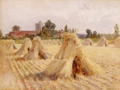 Corn Stooks av Bray Church, 1872 (olja på papper ombord) av Heywood Hardy