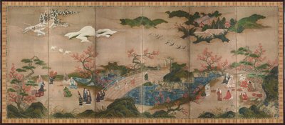 Les spectators des erables (Mapple Viewers) - Skärm med sex paneler - Verk av Kano Hideyori (aktiv 1565-1576), akvarell och bläck på papper - Japansk konst av Hideyori Kano