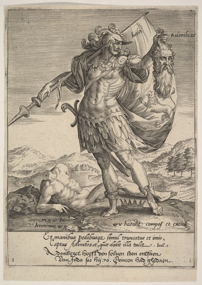Juda med huvudet av Adonibezek, från Willem van Haecht, Tyrannorum proemia, 1578, 1578. av Hieronymous Wierix