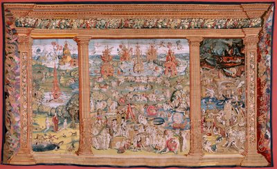 flamländsk gobeläng. Serie fyra gobelänger efter Hieronymus Bosch. The Garden of Earthly Delights (Jardín de las Delicias). Fjärde gobelängen i serien. Modell Inspirerad av Hieronymus Boschs verk. Tillverkning Okänd verkstad, Bryssel. Före 1560. Fa av Hieronymus (after) Bosch