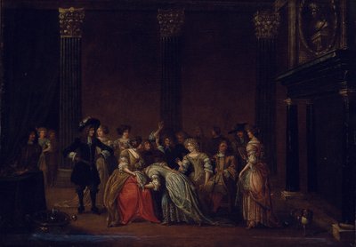 Ett elegant företag i en interiör med äktenskapstvist (olja på duk) av Hieronymus (follower of) Janssens