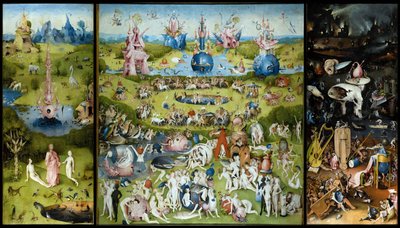 ""De jordiska fröjdernas trädgård"" Vänster panel: skapandet av Adam och Eva. Central panel: älskarna som njuter av frukterna. Höger panel: helvete. Tryptyk av Hieronymus Van Aeken (Aken) känd som Jerome Bosch (1450-1516) av Hieronymus Bosch