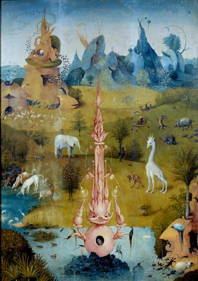 Paradise La Fontaine. Detalj av den vänstra delen av triptyken till "Delicesens trädgård"" av Hieronymus Van Aken (Aken) dit Jerome Bosch (1450-1516) av Hieronymus Bosch