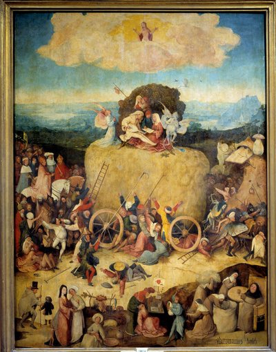 Allegorie Hay Cart av män och kvinnor som vill få ut det mesta av nuet. Centralpanel av den allegoriska tryptiken på passet, nutiden av Hieronymus Van Aeken (Aken) känd som Jerome Bosch (1450-1516), cirka 1490. Madrid, Pradomuseet av Hieronymus Bosch
