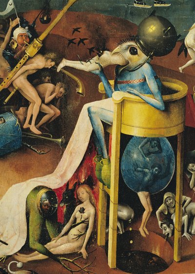 The Garden of Earthly Delights: Hell, triptykens högra vinge, detalj av blå fågelman på en pall, ca 1500 (detalj av 3425) av Hieronymus Bosch