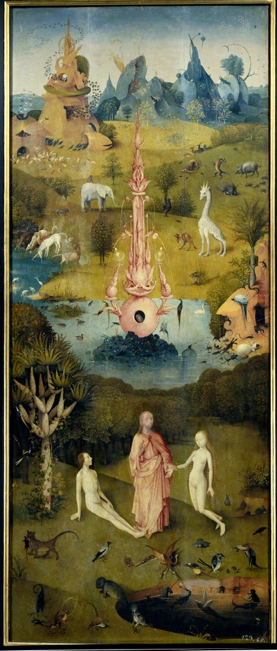 Paradiset, skapandet av Adam och Eva (vänster panel av The Garden of Earthly Delights) av Hieronymus Bosch