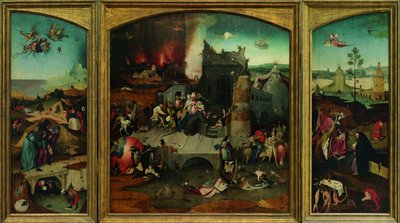 Frestelsen av Sankt Antonius. Högupplöst reproduktion från Google Art Project. Det övre vänstra hörnet måste omsamplas av Hieronymus Bosch