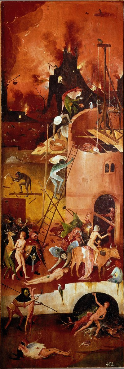 Hötryptiken: infernaliska konstruktioner. Höger innerpanel. Målning på trä av Hieronymus Van Aeken (Aken) dit Jerome Bosch (1450-1516) 1500-1502 Dim. 140x232 cm Real Monasterio de El Escorial, El Escorial, Spanien av Hieronymus Bosch