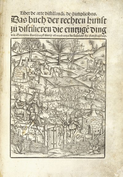 Titelsida, illustrerande örtdestillerier med figurer i ett landskap av Hieronymus Brunschwig