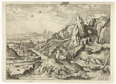 Abraham och Isak på väg till offerplatsen Landskap med bibliska och mytologiska scener (serietitel) av Hieronymus Cock