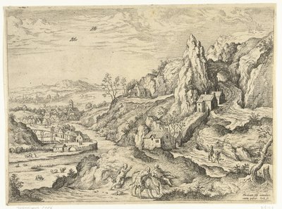 Abraham och Isak på väg till offerplatsen Landskap med bibliska och mytologiska scener (serietitel) av Hieronymus Cock