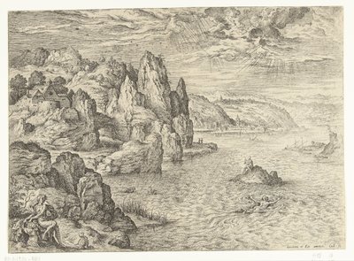 Kustlandskap med Hero och Leander Hero och Leander Landskap med bibliska och mytologiska scener (serietitel) av Hieronymus Cock
