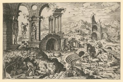 Den helige Hieronymus i ett ruinlandskap av Hieronymus Cock