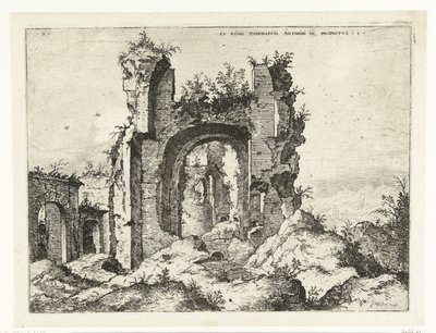 Första utsikten över Caracalla-baden Ex Rvinis Thermarvm Antonii Pii (...) (titel på objekt) Romerska ruiner (serietitel) av Hieronymus Cock