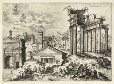 Utsikt över Forum Romanum från Capitolium Ex variis, apvd capitolvm rvinis (...) (titel på objekt) Romerska ruiner (serietitel) av Hieronymus Cock