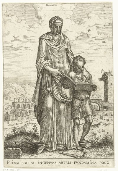 Grammatik (titel på objekt) Liberal Arts och Minerva, Apollo och Industria (serietitel) av Hieronymus Cock