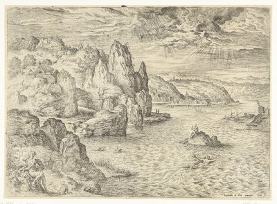 Hero och Leander Landskap med bibliska och mytologiska scener (serietitel) av Hieronymus Cock
