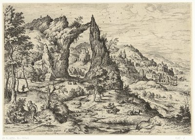 Juda och Tamar Landskap med bibliska och mytologiska scener (serietitel) av Hieronymus Cock