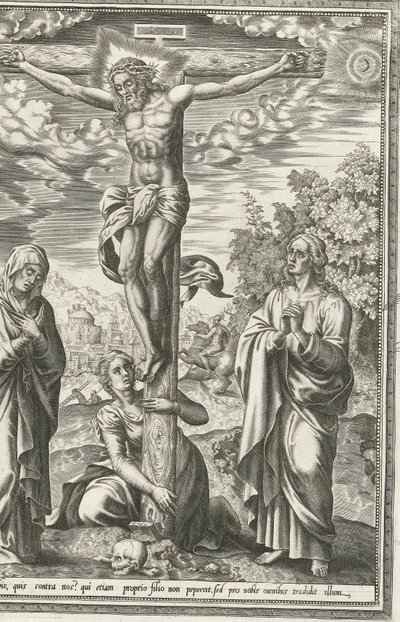 Korsfästelse med Maria, Johannes Döparen och Maria Magdalena av Hieronymus Cock