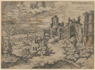 Palatinsruinerna med utsikt över landskapet, blad 3 i serien ”Praecipua aliquot Romanae Antiquitatis Ruinarum Monimenta [...]” av Hieronymus Cock