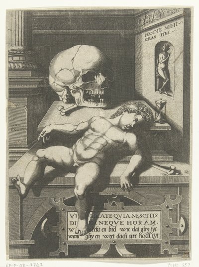 Vanitas föreställning med barn och skalle (Hodi mihi krat tibi / Today I, tomorrow du) av Hieronymus Cock