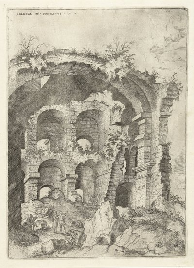 Sjunde utsikten över Colosseum i Rom Colossi to prospect vs 7 (titel på objekt) Romerska ruiner (serietitel) av Hieronymus Cock