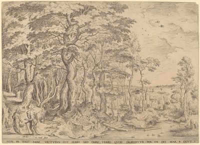 Landskap med Kristi frestelse av Hieronymus Cock after Pieter Bruegel the Elder