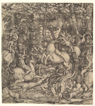 Strid mellan kavalleri och infanteri i en skog, 1500-talet. av Hieronymus Hopfer