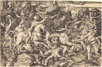 Strid mellan ryttare och fotsoldater av Hieronymus Hopfer after Raphael