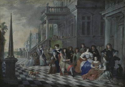Karaktärer som gör musik framför ett palats, 1672 av Hieronymus Janssens
