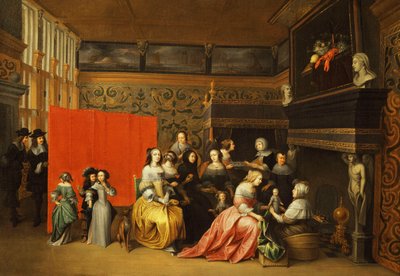 Damer som firar ett barns födelse i en elegant boudoir, av Hieronymus Janssens